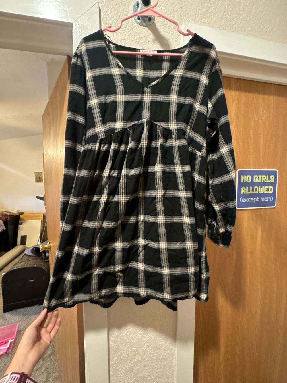 Knox Rose Bishop Sleeve Dress Size L Black Plaid V-Neck Babydoll